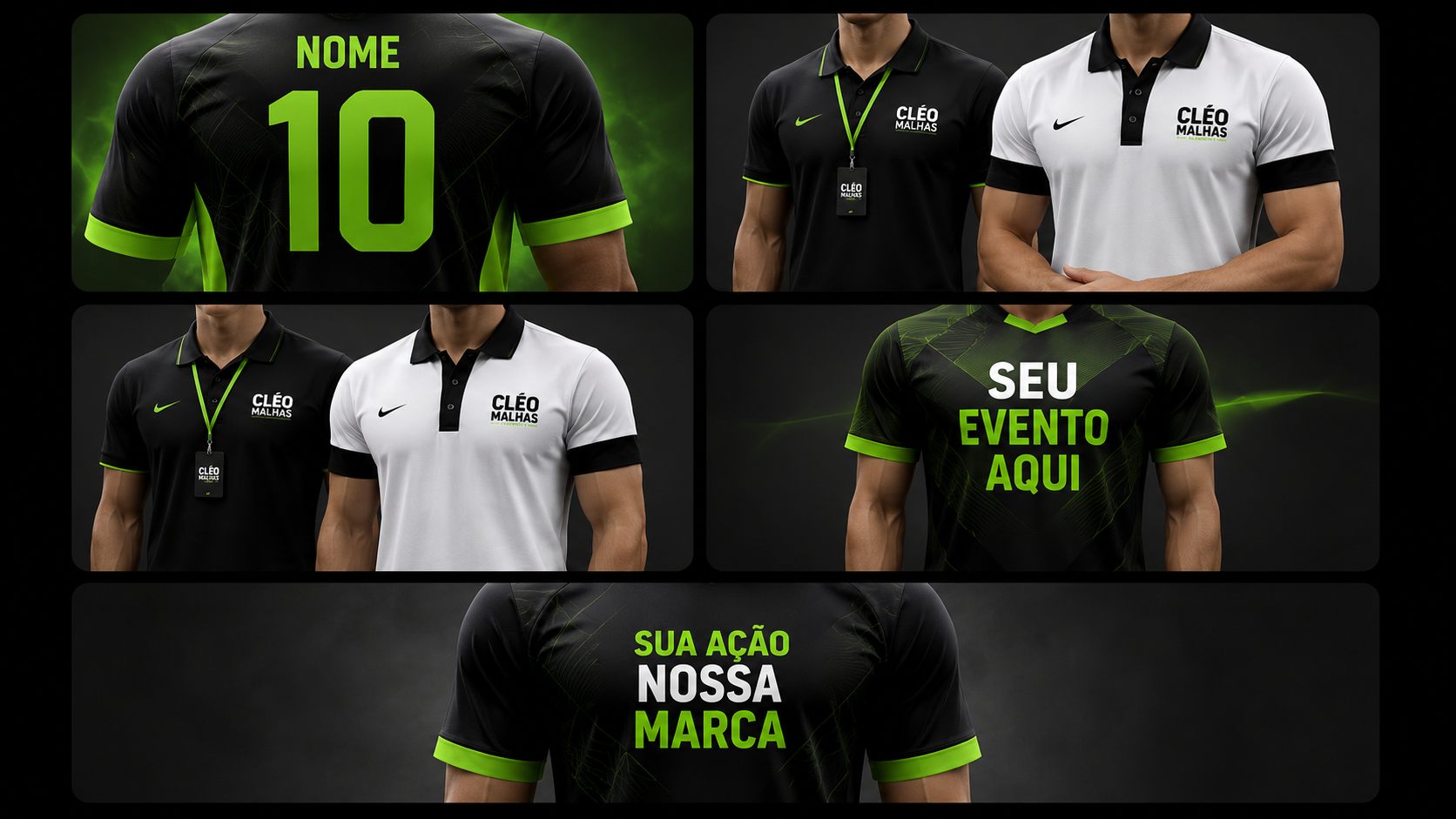 Mockups de camisas personalizadas Cléo Malhas: numeração, polos institucionais, identificação de evento e estampa de ação promocional